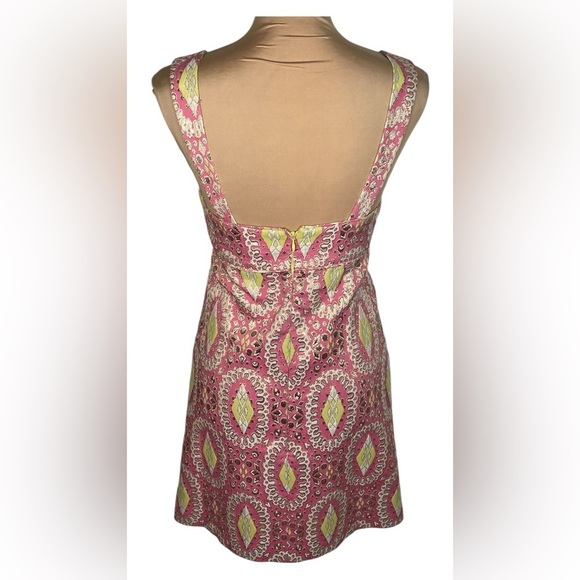 Milly of New York Pink Green Gold Brocade Lurex Sparkle Sheath Midi Dress Sz 2 - Picture 2 of 7